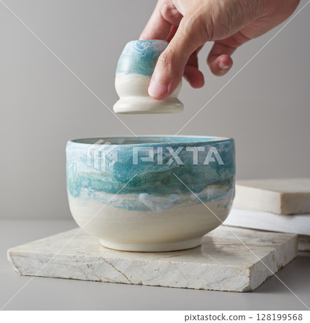 Tea bowl ceramic on gray background. 128199568