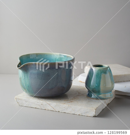 Tea bowl ceramic on gray background. Tea bowl ceramic on gray background. 128199569