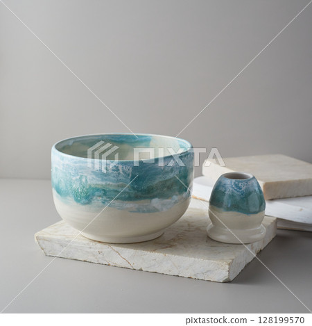 Tea bowl ceramic on gray background. 128199570