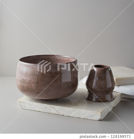 Tea bowl ceramic on gray background. Tea bowl ceramic on gray background. 128199571