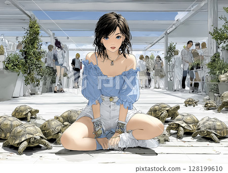 Illustration material of a smiling woman playing with a tortoise at a reptile cafe 128199610