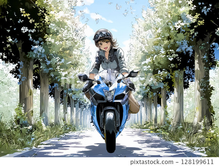 一名女子在森林旅遊道路上騎著運動自行車的插畫素材 128199611