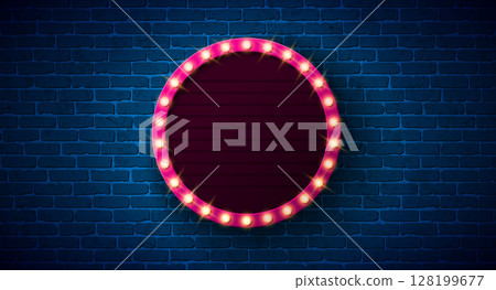 Retro Signboard Lightbox Banner Design with Glowing Light Bulb Frame Billboard on Vintage Brick Wall Background. Vector Customizable Marquee Sign Illustration for Casino Advertising, Theater Show Retro Signboard Lightbox Banner Design with Glowing Light Bulb Frame Billboard on Vintage Brick Wall Background. Vector Customizable Marquee Sign Illustration for Casino Advertising, Theater Show 128199677