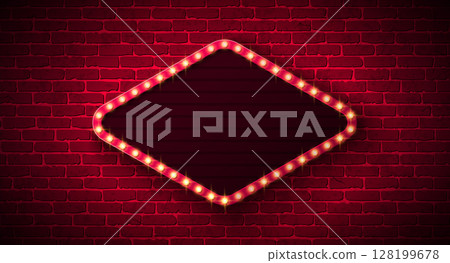 Retro Signboard Lightbox Banner Design with Glowing Light Bulb Frame Billboard on Vintage Brick Wall Background. Vector Customizable Marquee Sign Illustration for Casino Advertising, Theater Show Retro Signboard Lightbox Banner Design with Glowing Light Bulb Frame Billboard on Vintage Brick Wall Background. Vector Customizable Marquee Sign Illustration for Casino Advertising, Theater Show 128199678