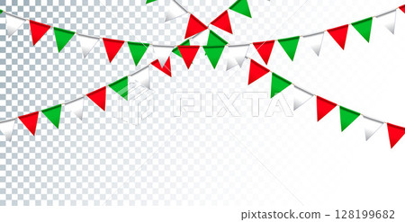 Colorful Party Flags Garland Isolated on Clean Background. Vector Buon Ferragosto Illustration for Italian Traditional Midsummer Holiday Festival Design for Celebration Banner, Flyer, Invitation 128199682