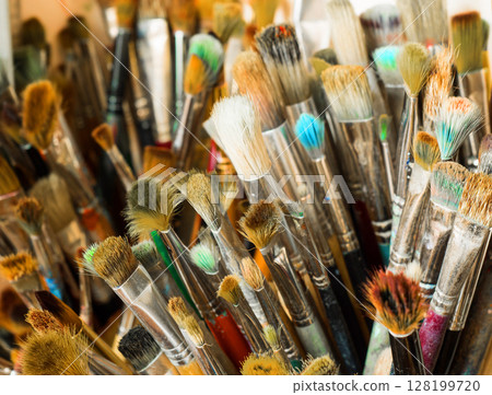 Closeup of painting brushes. Artist studio concept. Closeup of painting brushes. Artist studio concept. 128199720