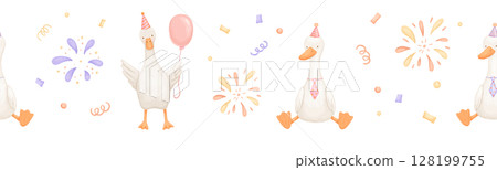 Seamless watercolor border with cute goose and splashes of festive fireworks. Funny animals for birthday. Hand drawn illustrations set 128199755
