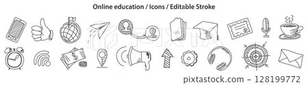 Set of Online Education icons in doodle style, line design, editable stroke, vector illustration Set of Online Education icons in doodle style, line design, editable stroke, vector illustration 128199772