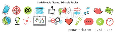 Set of Social Media icons in watercolor style, flat line design, editable stroke, vector illustration 128199777