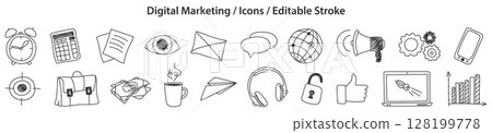 Set of Digital Marketing icons in doodle style, line design, editable stroke, vector illustration 128199778