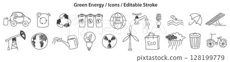 Set of Green Energy icons in doodle style, line design, editable stroke, vector illustration 128199779