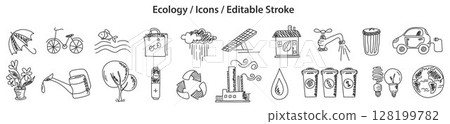 Set of Ecology icons in doodle style, line design, editable stroke, vector illustration Set of Ecology icons in doodle style, line design, editable stroke, vector illustration 128199782