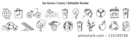 Set of Go Green icons in doodle style, line design, editable stroke, vector illustration Set of Go Green icons in doodle style, line design, editable stroke, vector illustration 128199786