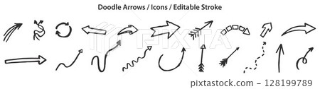 Set of Doodle Arrows in doodle style, line design, editable stroke, vector illustration 128199789