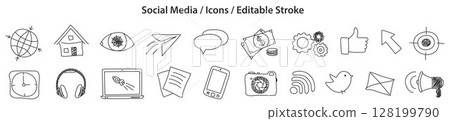 Set of Social Media icons in doodle style, line design, editable stroke, vector illustration Set of Social Media icons in doodle style, line design, editable stroke, vector illustration 128199790