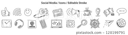 Set of Social Media icons in doodle style, line design, editable stroke, vector illustration 128199791