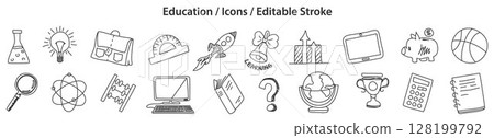 Set of Education icons in doodle style, line design, editable stroke, vector illustration Set of Education icons in doodle style, line design, editable stroke, vector illustration 128199792