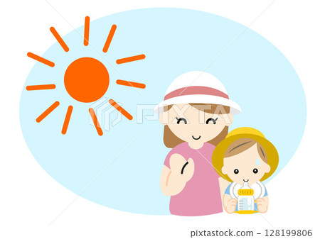 A smiling young mother and her baby wearing a hat and hydrating outdoors on a hot day 128199806