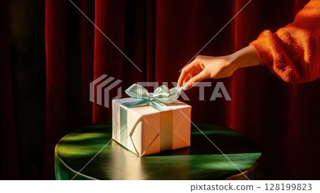 A soft satin ribbon is gently untied from a square gift box under dramatic lighting, set against red velvet curtains for a cozy, glamorous holiday moment 128199823