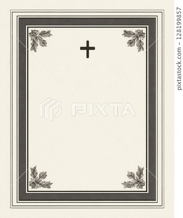 Minimalist Christian funeral template with cross, corner leaves, and blank space for memorial details 128199857
