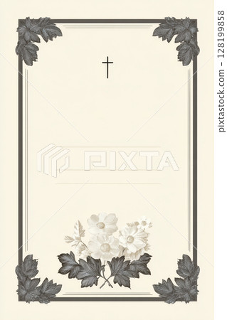 Minimalist Christian funeral template with cross, corner leaves, and blank space for memorial details 128199858