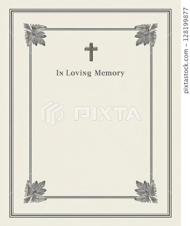 Minimalist Christian funeral template with cross, corner leaves, and blank space for memorial details 128199877