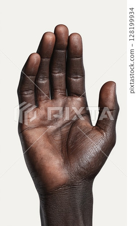 African American hand cupped upward with empty palm for product display on solid white background 128199934