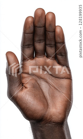 African American hand cupped upward with empty palm for product display on solid white background African American hand cupped upward with empty palm for product display on solid white background 128199935