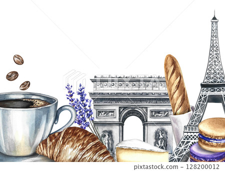 A frame with images of Parisian landmarks and cuisine. Hand-drawn watercolor illustration. Baguette, cheese, croissant, almond biscuit, and a cup of coffee, the Eiffel Tower, and the Arc de Triomphe. 128200012