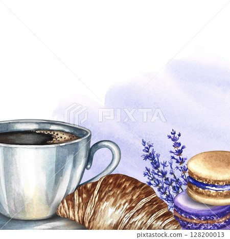 Frame with a picture of a cup of coffee, almond cookies, and croissants. Hand-drawn watercolor illustration. French cuisine. For packaging, postcards, labels, banners, flyers, menus, and posters. 128200013