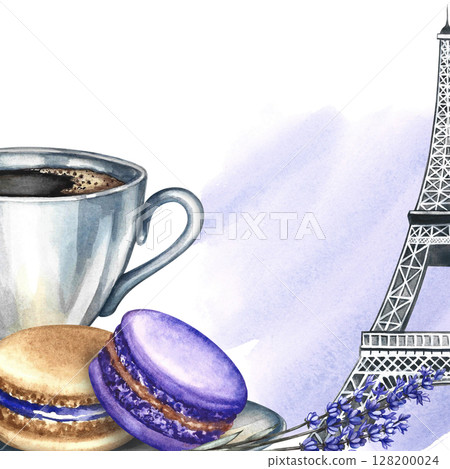 Frame and image of a coffee cup, macaroon almond cookies, and the Eiffel Tower. Hand-drawn watercolor illustration. Square template. French cuisine. For packaging, labels, flyers, menus, and posters. Frame and image of a coffee cup, macaroon almond cookies, and the Eiffel Tower. Hand-drawn watercolor illustration. Square template. French cuisine. For packaging, labels, flyers, menus, and posters. 128200024