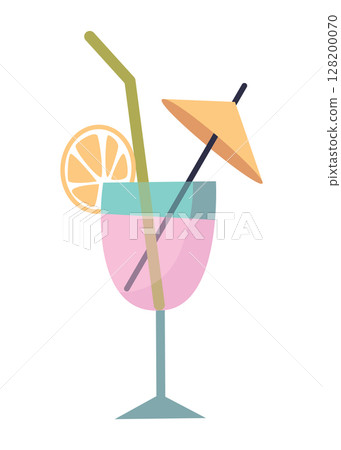 A Colorful Summer Cocktail served in a Glass, complete with a fun Umbrella and a Straw 128200070