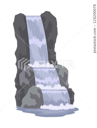 Cartoon river cascade waterfall. Landscape with mountains and trees. Design element for travel brochure or illustration mobile game. Fresh natural water Cartoon river cascade waterfall. Landscape with mountains and trees. Design element for travel brochure or illustration mobile game. Fresh natural water 128200076