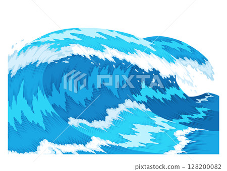 Ocean waves, splash water, marine sea storm element. Blue sea or ocean wave with spray, foam on crest. Vector illustration Ocean waves, splash water, marine sea storm element. Blue sea or ocean wave with spray, foam on crest. Vector illustration 128200082