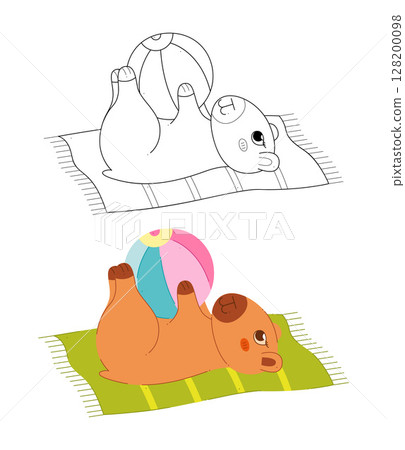 Two cute capybaras lie on a towel and plays with a beach ball. Two cute capybaras lie on a towel and plays with a beach ball. 128200098