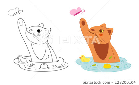 Two cute cats catch a butterfly in the water. Clip art for your projects. 128200104