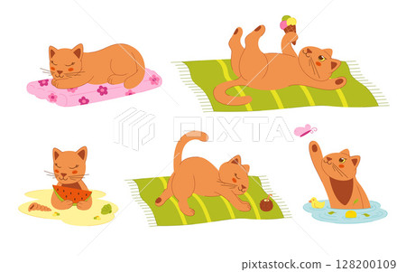 Five cute color cats on the beach. Clip art for your projects. 128200109