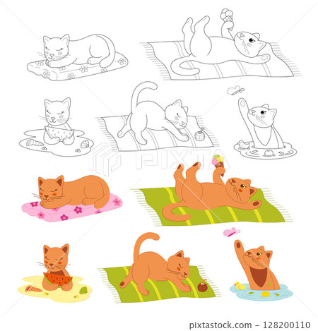 Set with cute cats on the beach. Clip art for your projects. 128200110