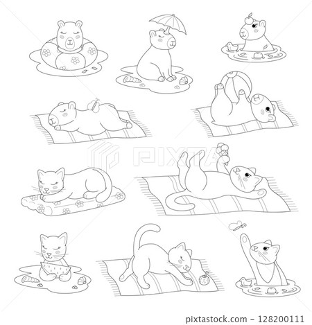 Cute cats and capybaras on the beach. Clip art for your projects. 128200111