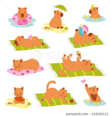 Cute color cats and capybaras on the beach. Clip art for your projects. 128200112