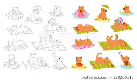 Large set with cute cats and capybaras on the beach. Clip art for your projects. 128200113
