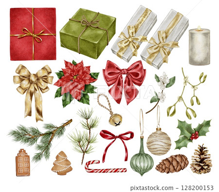 Large watercolor Christmas clipart set gift bows poinsettia candles pine branches mistletoe snowberry holly baubles jingle bell cookies and pinecones. for cards packaging textile design scrapbooking. Large watercolor Christmas clipart set gift bows poinsettia candles pine branches mistletoe snowberry holly baubles jingle bell cookies and pinecones. for cards packaging textile design scrapbooking. 128200153