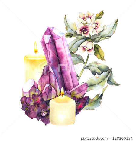 Watercolor illustration of a magical scene with amethyst crystals, yellow candles, and henbane flowers. Mystical and esoteric atmosphere, ideal for ritual, spiritual, and healing-themed designs. 128200154