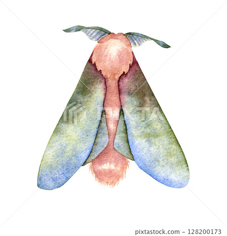 Watercolor illustration of mystical moth with green, and blue wings, symbolizing transformation, intuition, and night magic. Perfect for esoteric projects, rituals, Wicca, and mystery-themed designs. 128200173
