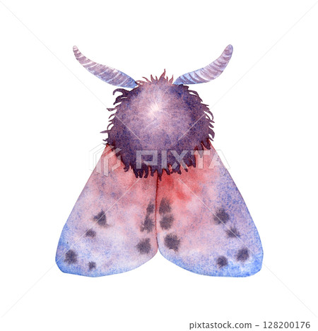 Watercolor illustration of mystical moth with purple and blue wings, symbolizing transformation, intuition, and night magic. Perfect for esoteric projects, rituals, Wicca, and mystery-themed designs. 128200176