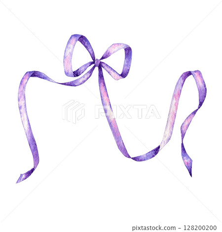 Watercolor illustration of a purple ribbon bow with long flowing tails, painted in a delicate and romantic style. Perfect for packaging, wedding decor, gift wrapping, invitations and festive branding. 128200200
