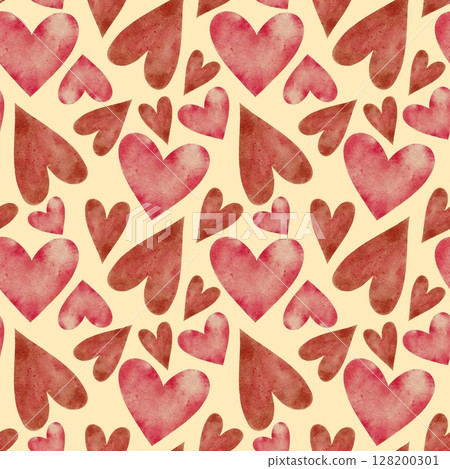 Red and pink hearts seamless pattern on yellow. Watercolor illustration for cards, packaging, textile, invitations, holidays Spring, birthday, Valentine's Day, wedding or Mother's Day. 128200301