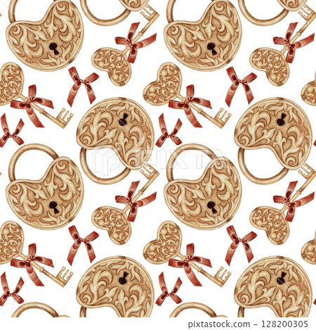 Vintage Lock and key and red bow seamless pattern on white. Watercolor illustration for cards, packaging, textile, invitations, holidays Spring, birthday, Valentine's Day, wedding or Mother's Day. Vintage Lock and key and red bow seamless pattern on white. Watercolor illustration for cards, packaging, textile, invitations, holidays Spring, birthday, Valentine's Day, wedding or Mother's Day. 128200305