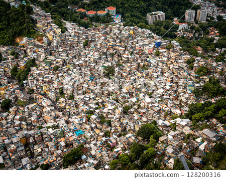 Aerial View Of Rocinha Favela In Rio De Janeiro: Dense Urban Landscape With Colorful Rooftops And Narrow Streets In The Largest Informal Settlement In Brazil 128200316