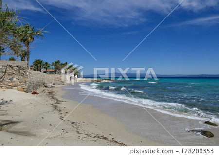 Greece, Afitos, Afytos, Beach landscape along the turquoise sea. 128200353
